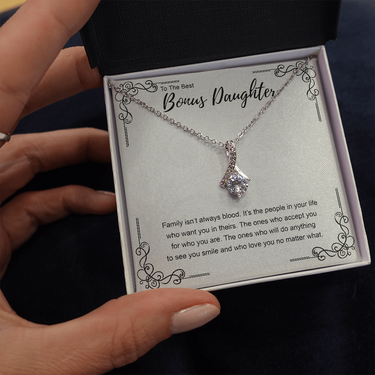 to the best bonus daughter necklace, family isn't always blood ALLURING BEAUTY necklace, gift to my bonus daughter
